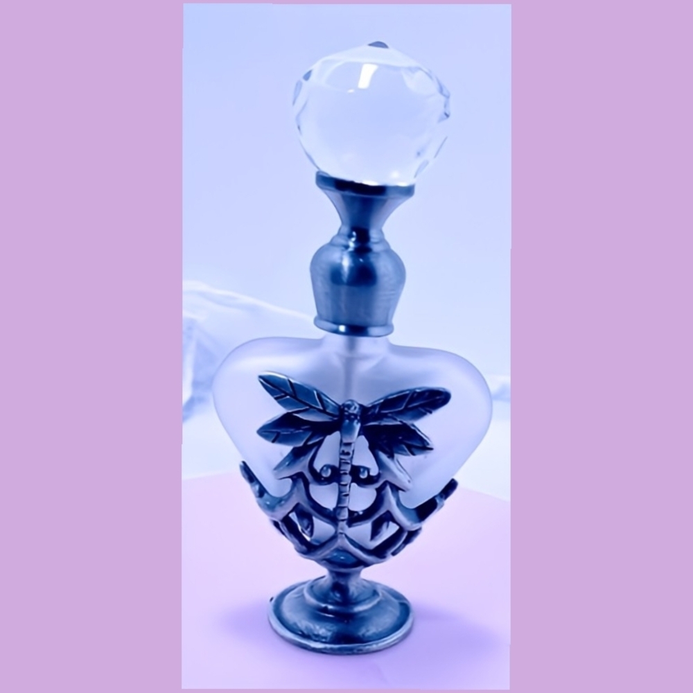 Elegant Frosted Glass Perfume Bottle with Silver Accents & Dragon Fly